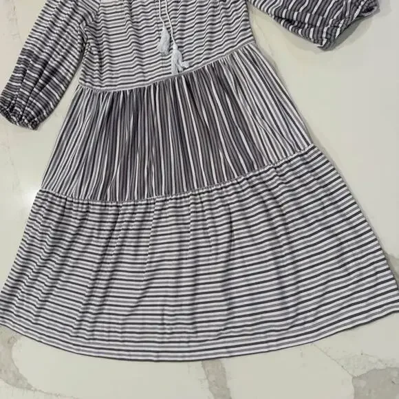 Violet Weekend Gray Purple Stripe Tasseled Neck Tiered Midi Dress Women's Medium - Picture 2 of 8